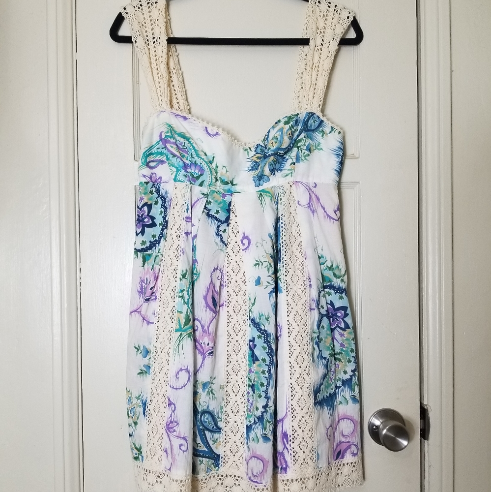 LE SHACK ANTHROPOLOGIE blue  cream floral cotton lace empire waist dress